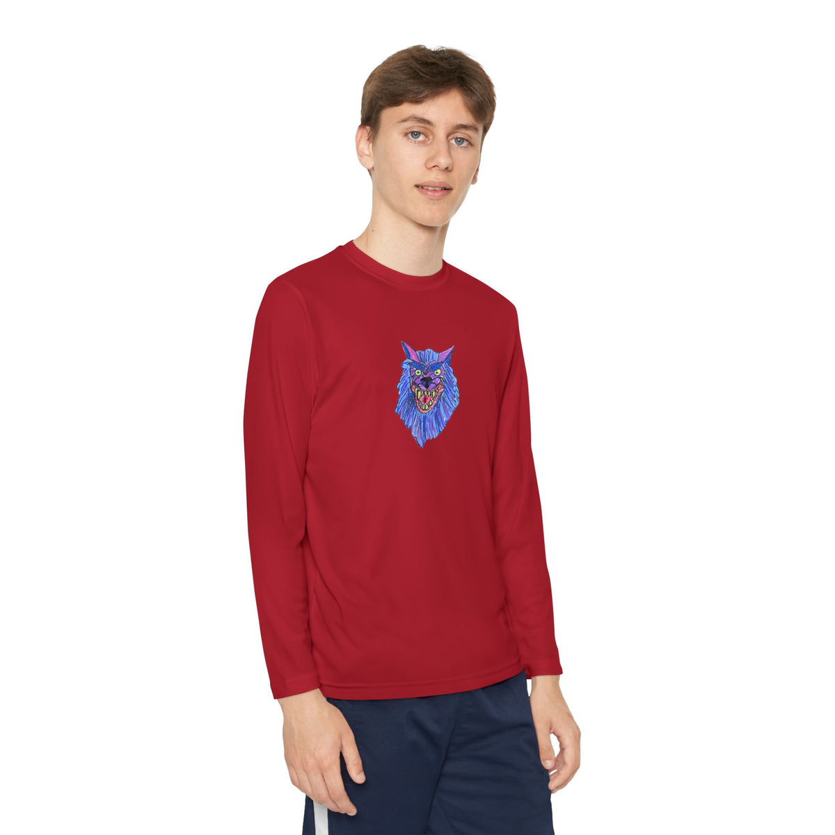 Youth Long Sleeve Tee — Neon Blue Wolf Graphic