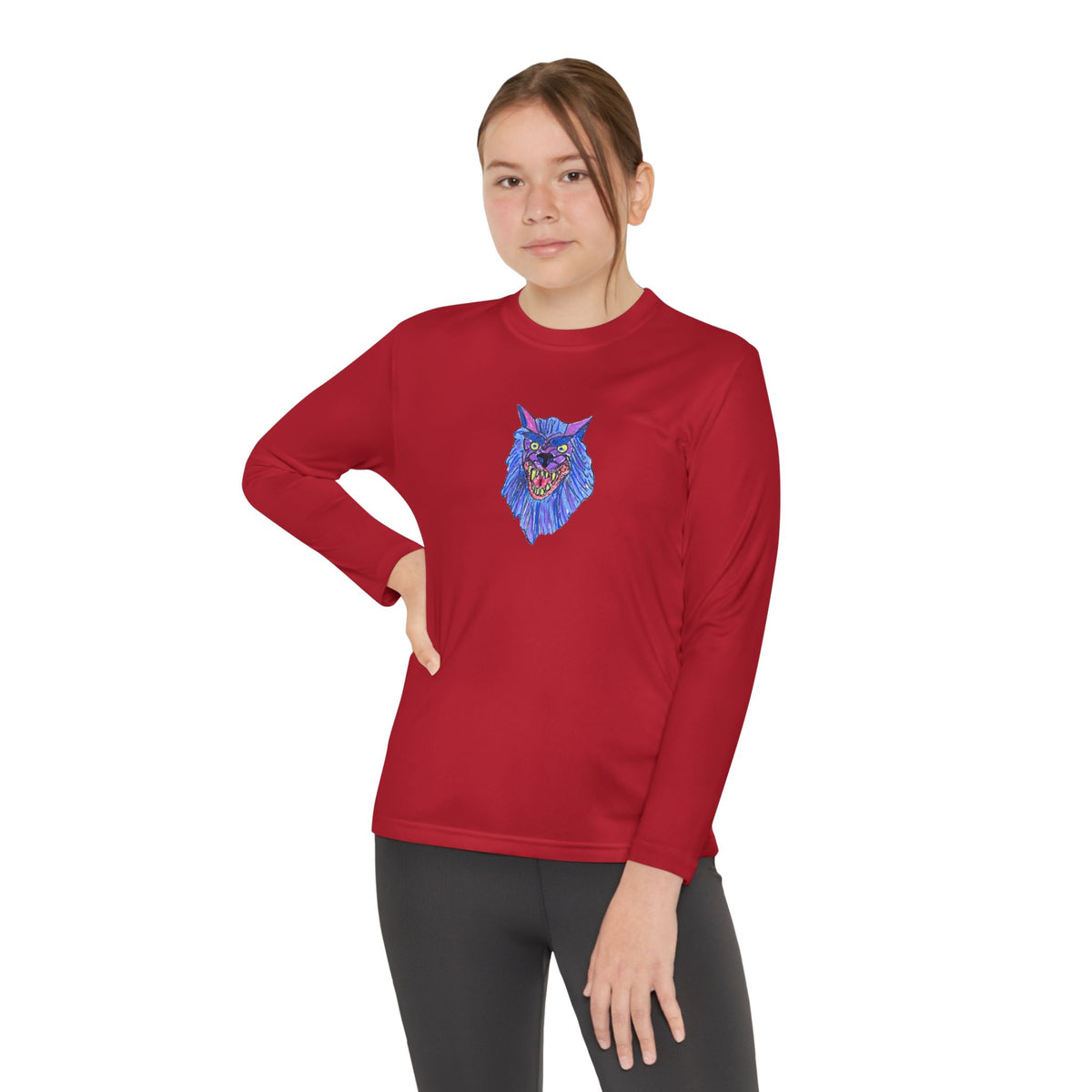 Youth Long Sleeve Tee — Neon Blue Wolf Graphic