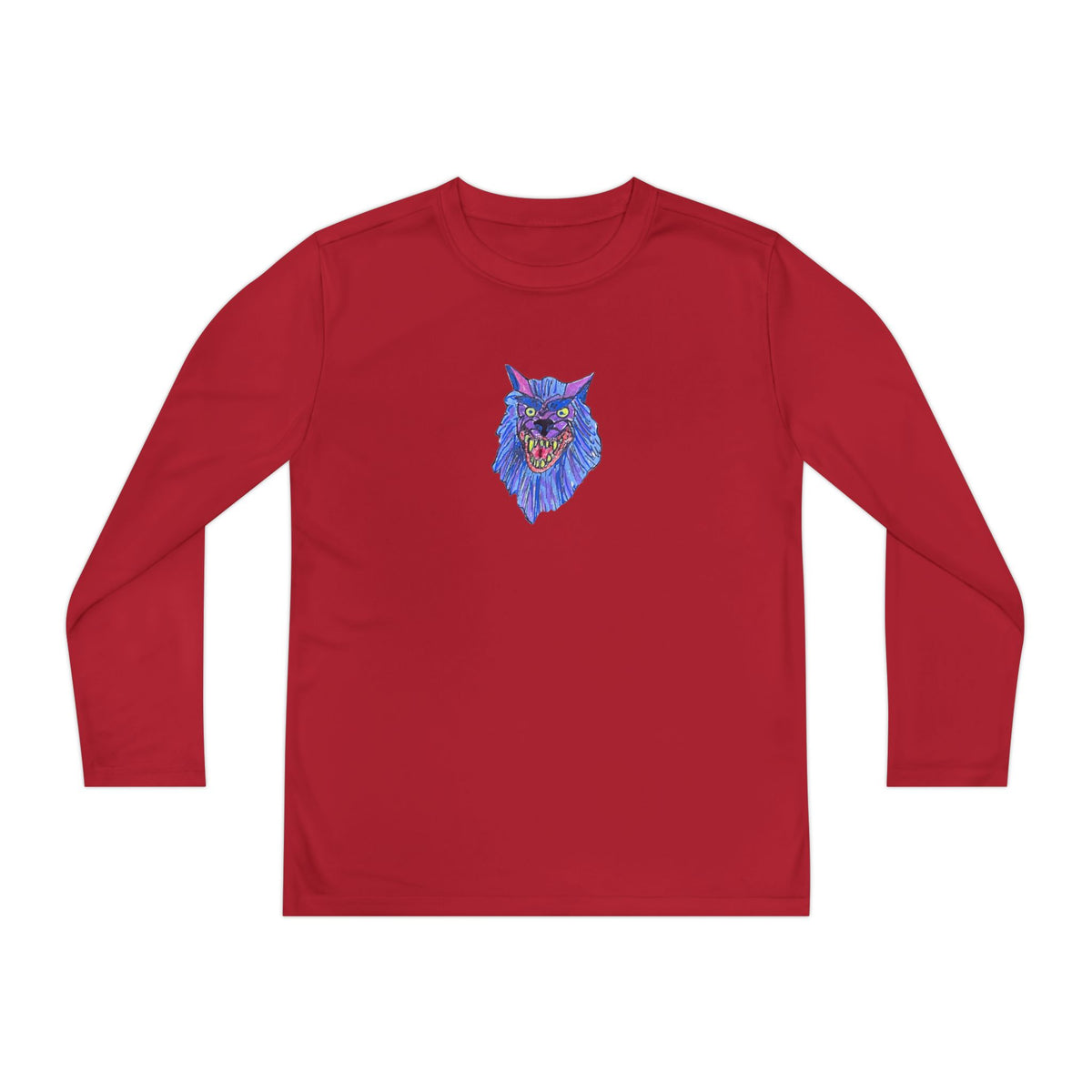 Youth Long Sleeve Tee — Neon Blue Wolf Graphic