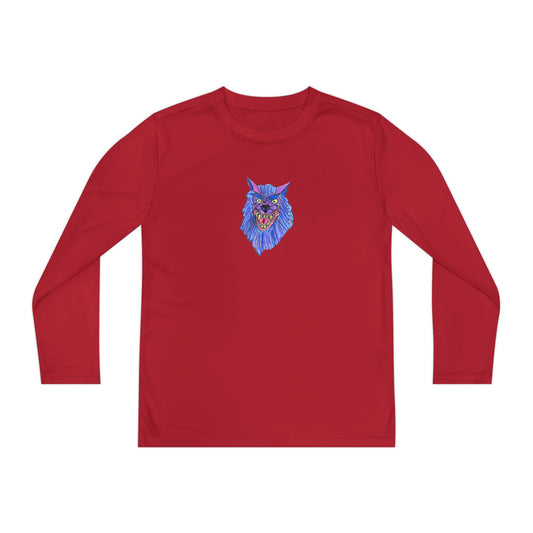 Youth Long Sleeve Tee — Neon Blue Wolf Graphic